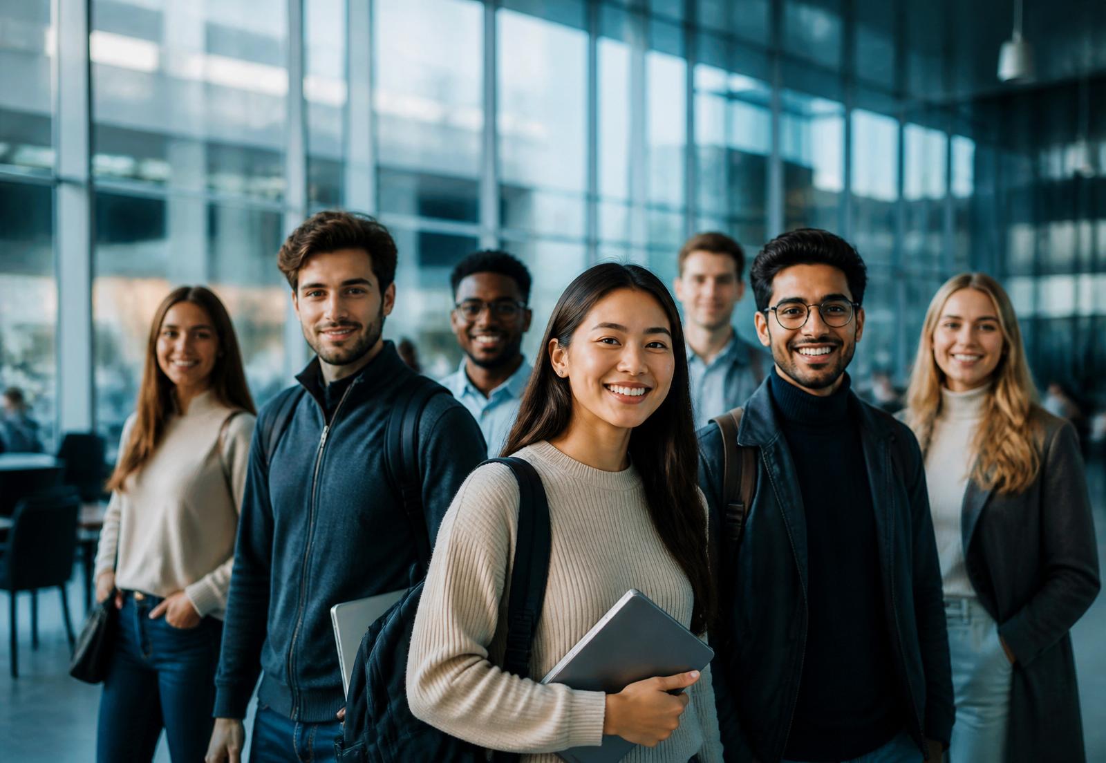Diverse group of international students in a modern campus